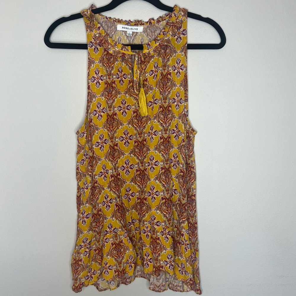 Rose + Olive Mustard Paisley Print Sleeveless Top w/ Tassels